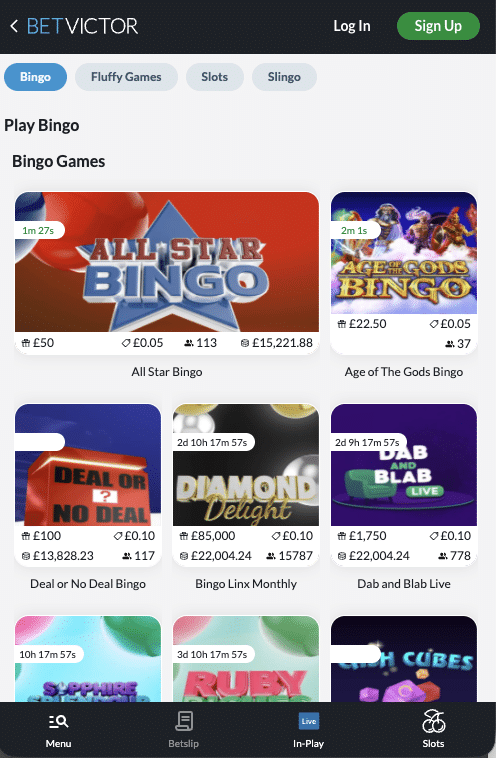 Betvictor Bingo homepage
