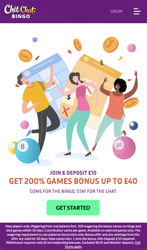 Chit Chat Bingo homepage and offer screenshot