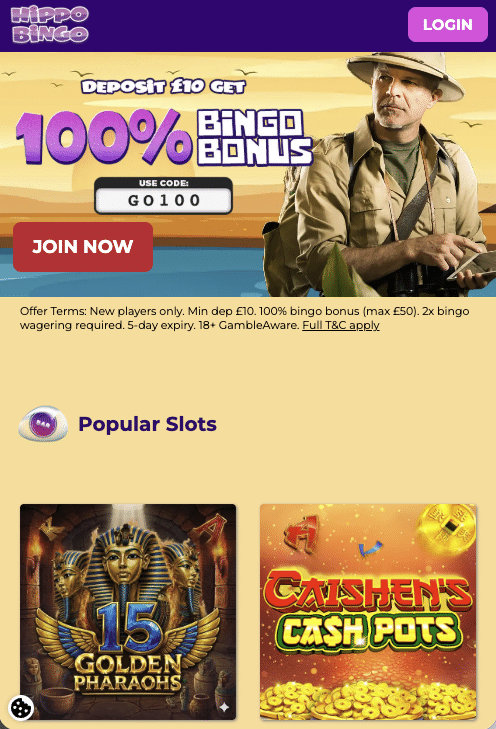 Hippo Bingo homepage and welcome offer display