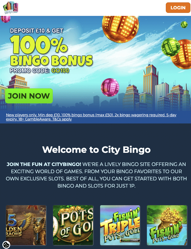 City Bingo homepage offer and hero section