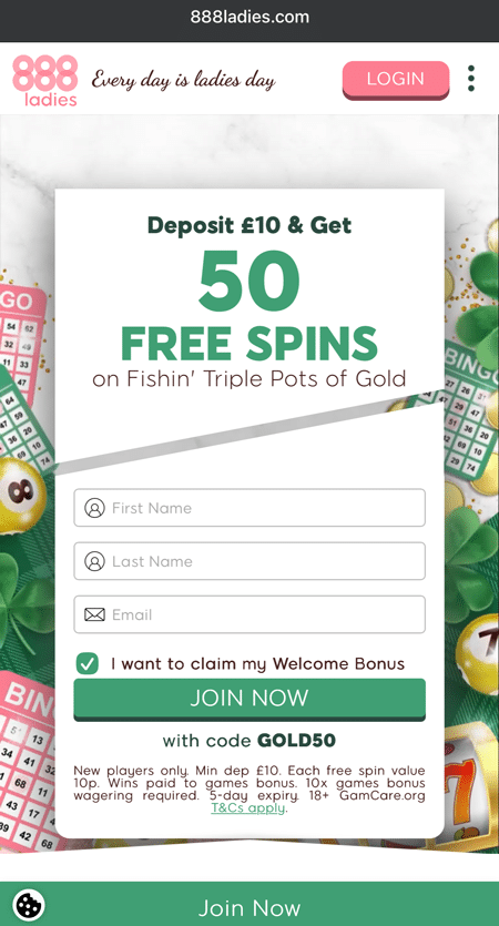 888 Ladies welcome page offering 50 free spins for a £10 deposit