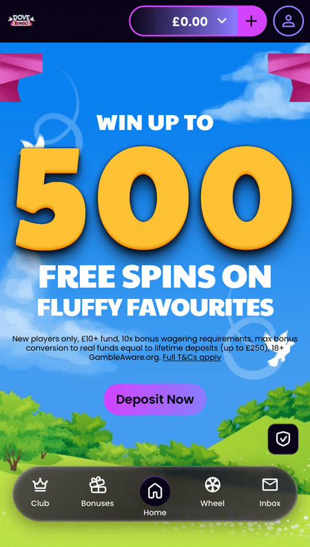 White doves and pink ribbon corners in a blue sky over green hills, framing a headline for up to 500 free spins on Fluffy Favourites