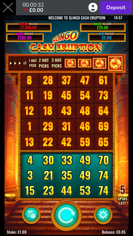 Slingo Cash Eruption on Mecca Bingo, a 5 by 5 number grid set in a glowing temple with fiery columns either side