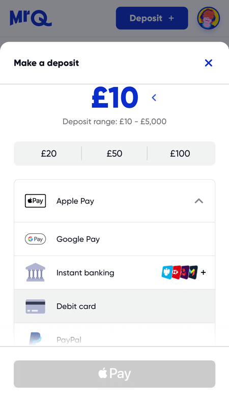 Cashier deposit panel at MrQ with £10 selected and a deposit range of £10 to £5,000