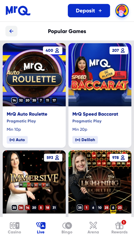 MrQ-branded Auto Roulette and Speed Baccarat games from Pragmatic Play, with minimum bets of 10p and 20p