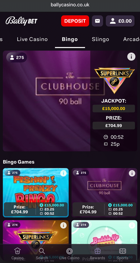 The Clubhouse 90-ball featured at the top of the Bally Bet bingo tab, carrying a £15,000 Superlinks jackpot at the time of capture