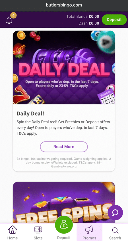 Butlers Bingo promotions page showing the Daily Deal card above a Free Spins offer
