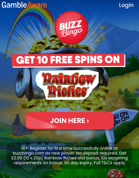 Rainbow Riches artwork with a rainbow, a cauldron of gold coins and the Buzz Bingo logo above the free spins headline