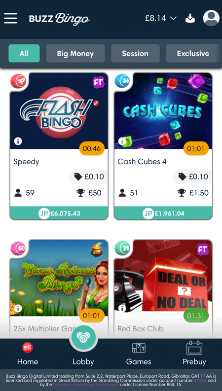 Buzz Bingo lobby with All, Big Money, Session and Exclusive filter tabs above the room cards
