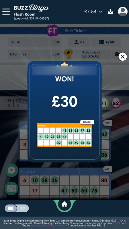 Winner pop-up in the Buzz Bingo Flash Room announcing a £30 house win