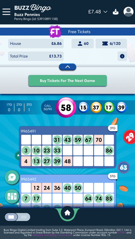 Penny Bingo game panel showing 60 players, a £13.73 total prize and 6 of a possible 120 tickets bought
