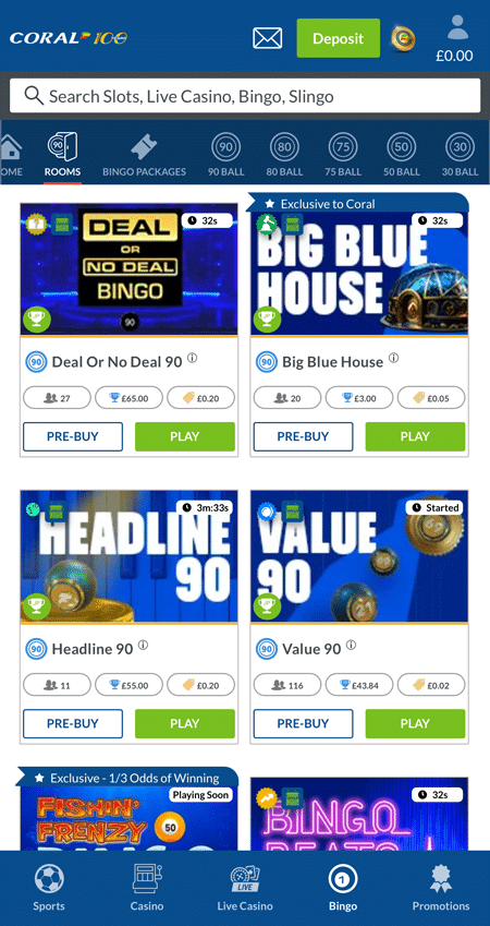 Big Blue House room card marked Exclusive to Coral, alongside Deal Or No Deal 90, Headline 90 and Value 90 in the bingo lobby