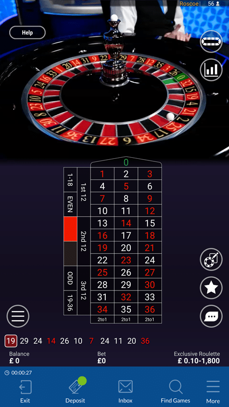 Live roulette table showing 56 players with dealer Roscoe