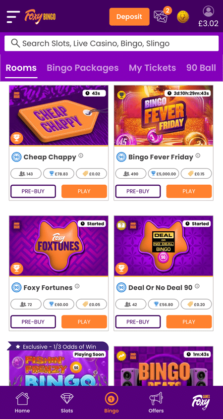 Orange and purple bingo room tiles at Foxy