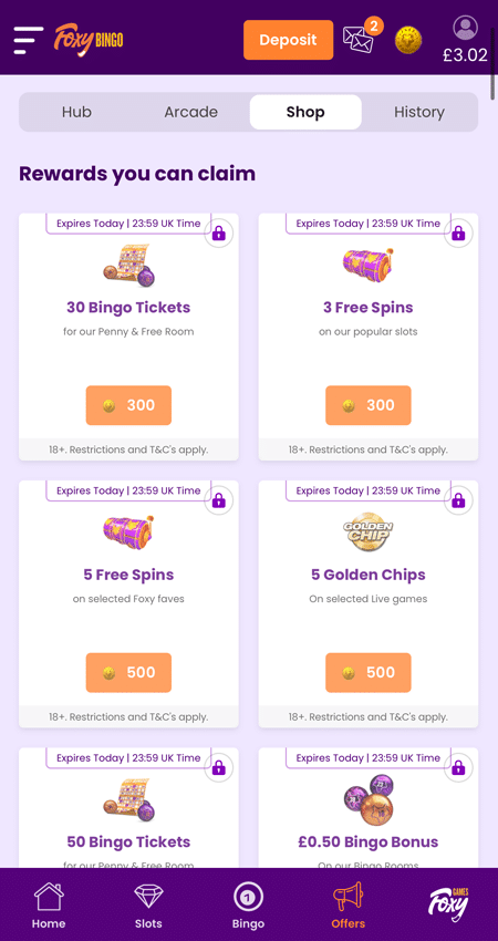 Rewards you can claim in the Foxy Bingo Shop