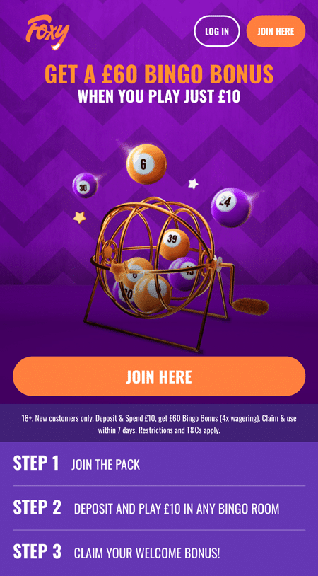 Orange and purple bingo balls under a £60 Bingo Bonus headline