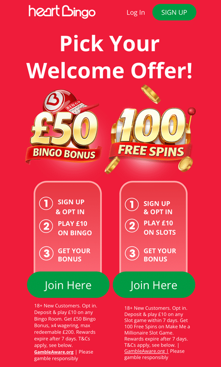 Pick Your Welcome Offer page with a gold £50 Bingo Bonus on the left and 100 Free Spins on the right