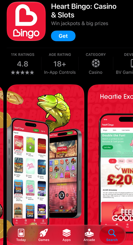 Heart Bingo: Casino & Slots on the App Store, rated 4.8 from 11K ratings with an 18+ age rating