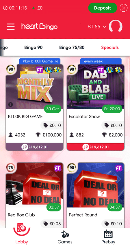 Specials tab in the Heart Bingo lobby, led by a Monthly Mix £100K Big Game with 4,032 players already in