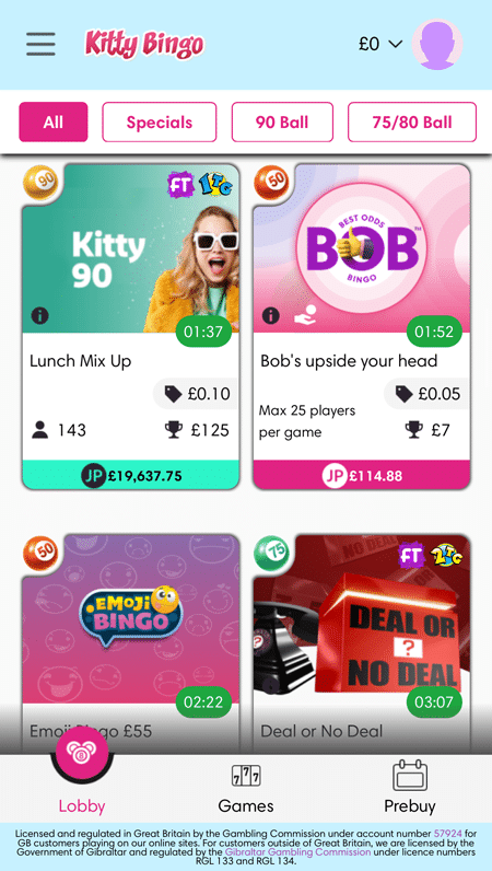 All, Specials, 90 Ball and 75/80 Ball filters above a grid of bingo rooms, with Lobby, Games and Prebuy along the bottom