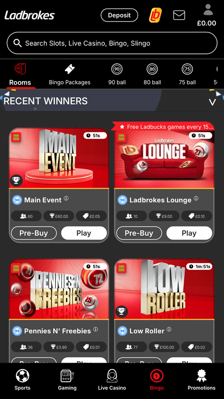 Ladbrokes bingo room cards in the main lobby