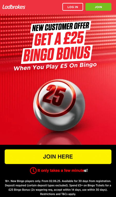 Chrome bingo ball numbered 25 on a red background, below a New Customer Offer headline for a £25 bingo bonus when you play £5