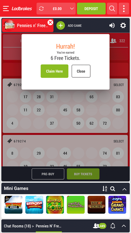 Free ticket notification in a bingo room