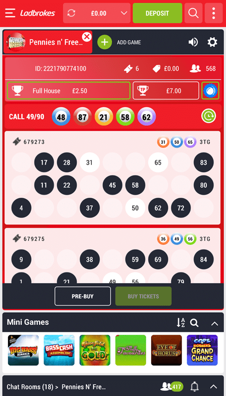 Pennies n' Freebies game at call 49 of 90, with 568 players and a £2.50 full house prize