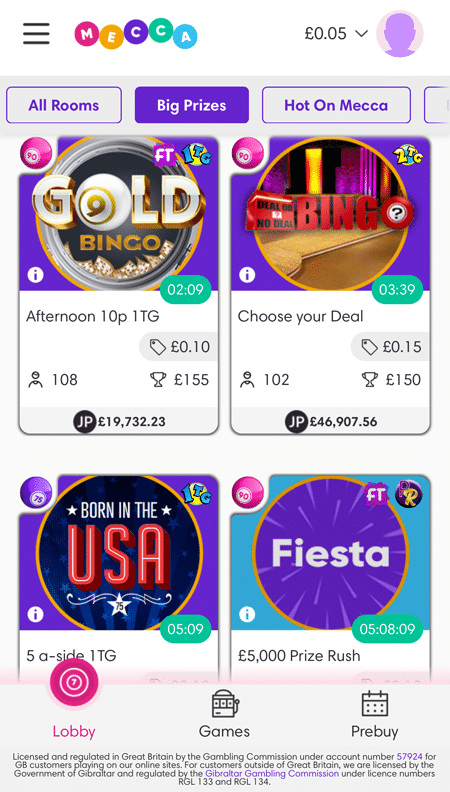 Big Prizes tab in the Mecca Bingo lobby, with Gold Bingo, Deal or No Deal, Born in the USA and Fiesta rooms