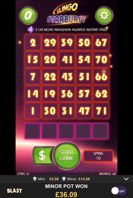 Slingo Starburst game screen on the Bally Bet mobile site