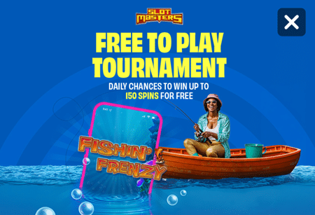 Woman fishing from a boat beside a Fishin' Frenzy phone screen, under a Slot Masters Free to Play Tournament banner