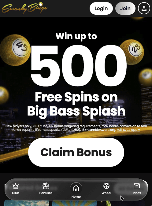 Swanky Bingo homepage