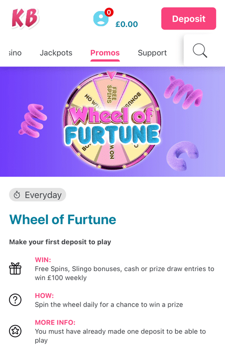 Wheel of Furtune promotion on Kitty Bingo, with free spins, bonus and no-win segments on a pink and yellow wheel