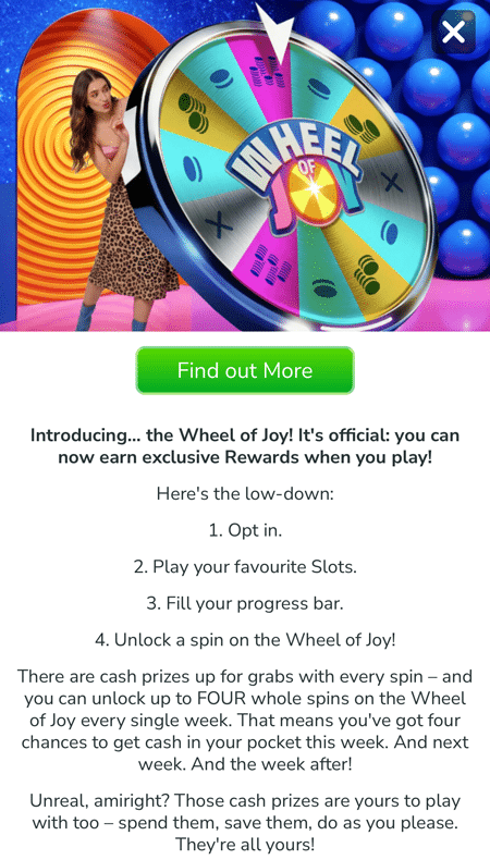 Four-step guide to the Wheel of Joy: opt in, play slots, fill your progress bar and unlock a spin