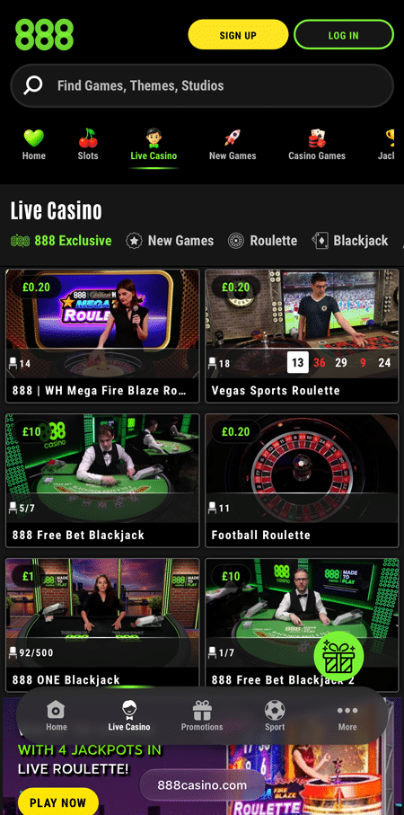 888 Casino live casino lobby with roulette and blackjack tables run by real dealers