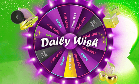 888 Casino Daily Wish prize wheel with free spins, bonus, cash and no win segments