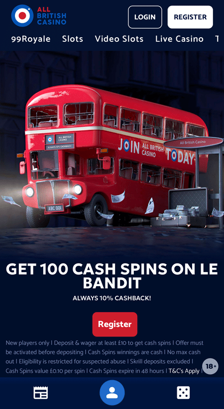 100 cash spins welcome offer and Always 10% Cashback shown on the All British Casino homepage