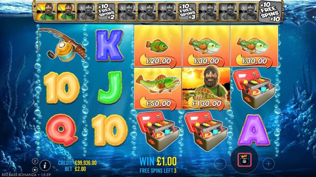 Big Bass Bonanza free spin with a fisherman collecting £130 from four fish on the reels