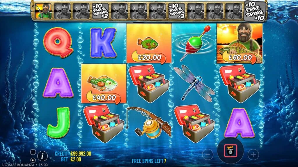 Big Bass Bonanza fisherman wild on the fifth reel collecting £60 from a £20 fish and a £40 fish