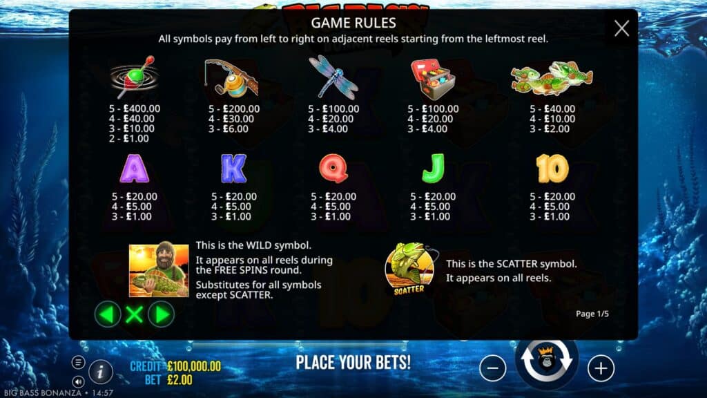 Big Bass Bonanza rules page with symbol pays at a £2 stake, the fisherman wild and the scatter