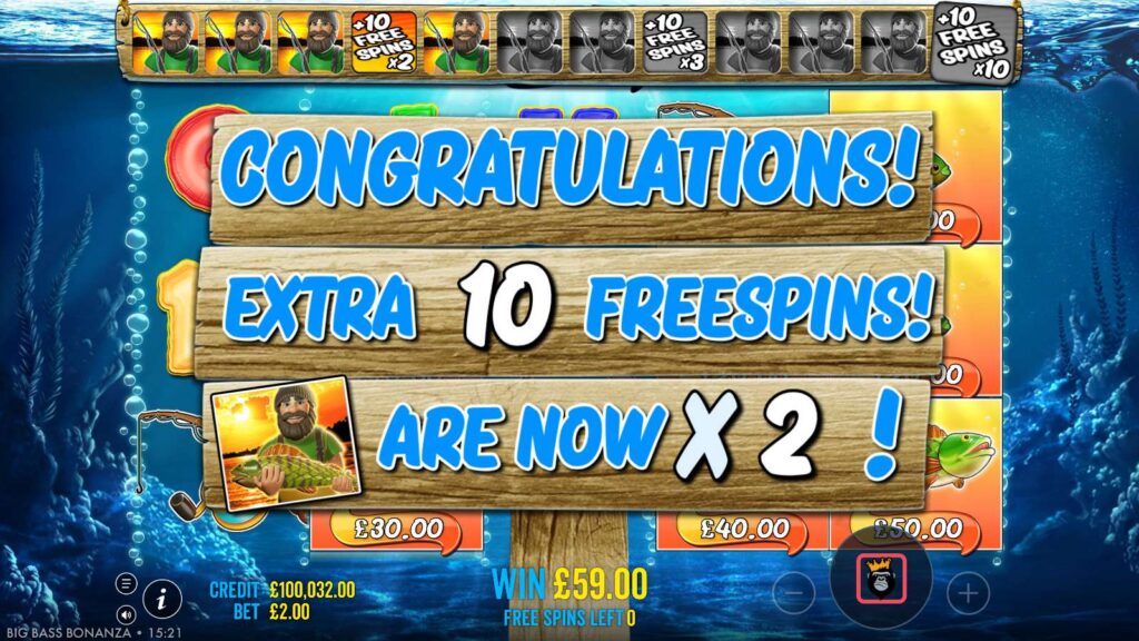 Big Bass Bonanza retrigger message awarding 10 extra free spins with fish values now doubled