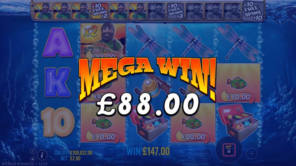 Big Bass Bonanza Mega Win banner showing £88 from a x2 fisherman, with £147 won in the round