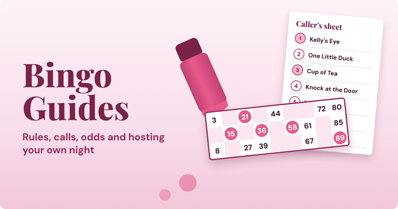 Bingo guides: a 90-ball ticket, a caller's sheet and a dabber laid out on a table