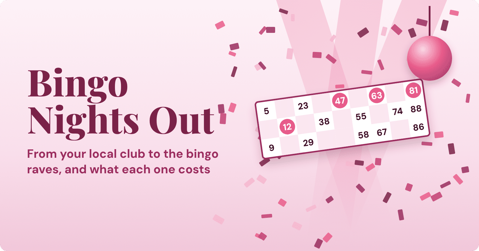 Bingo nights out: a confetti-covered bingo book and dabber on a table under party lights