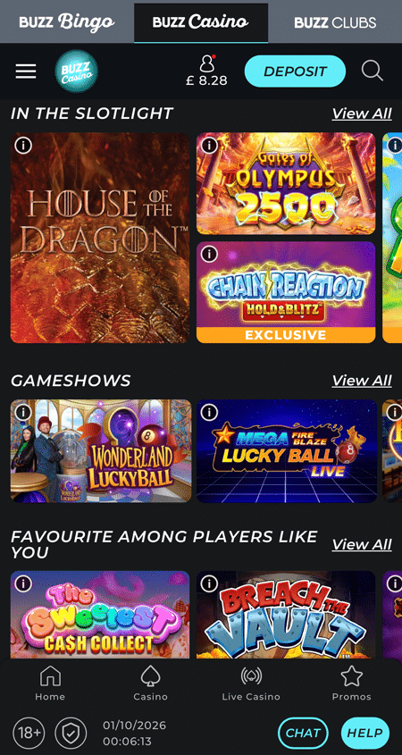 In the Slotlight row at Buzz Casino featuring House of the Dragon and Gates of Olympus 2500