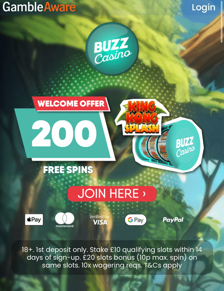 Buzz Casino sign-up page with a jungle backdrop and payment logos under the Join Here button