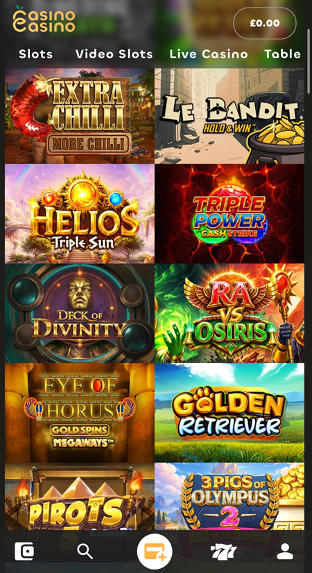 Grid of slots at Casino Casino including Eye of Horus Gold Spins Megaways and Golden Retriever