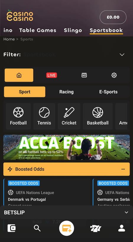 Casino Casino sportsbook on mobile with Sport, Racing and E-Sports tabs
