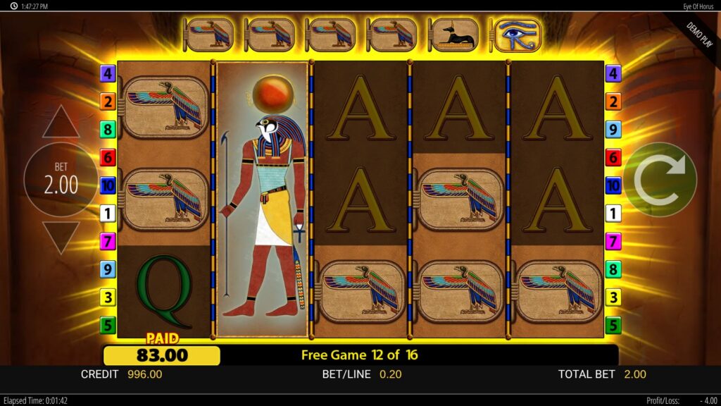 Eye of Horus free game 12 of 16 with birds on every reel, a Horus wild and £83 paid