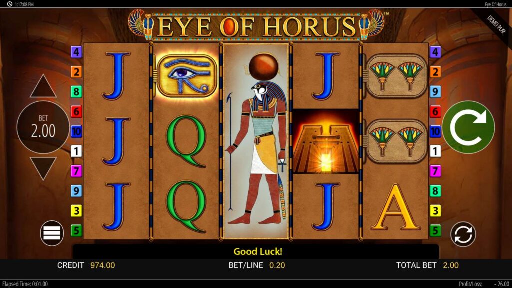Eye of Horus base game spin with the Horus wild expanded to fill the third reel